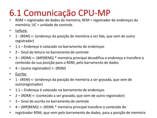 6.1 Comunicação CPU-MP
• RDM = registrador de dados da memória; REM = registrador de endereços da
memória; UC = unidade de controle.
• Leitura:
• 1 - (REM) <- (endereço da posição de memória a ser lida, que vem de outro
registrador)
• 1.1 – Endereço é colocado no barramento de endereços
• 2 – Sinal de leitura no barramento de controle
• 3 – (RDM) <- (MP(REM)) * memória principal decodifica o endereço e transfere o
conteúdo da sua posição para o RDM, pelo barramento de dados
• 4 – (outro registrador) <- (RDM)
• Escrita:
• 1 - (REM) <- (endereço da posição de memória a ser gravada, que vem de
outroregistrador)
• 1.1 – Endereço é colocado no barramento de endereços
• 2 – (RDM) <- (conteúdo a ser gravado, que vem de outro registrador)
• 3 – Sinal de escrita no barramento de controle
• 4 – (MP(REM)) <- (RDM) * memória principal transfere o conteúdo do
• registrador RDM, que vem pelo barramento de dados, para a posição de memória
 