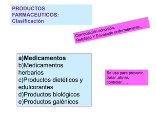 PRODUCTOS
FARMACEUTICOS:
Clasificación
a)Medicamentos
b)Medicamentos
herbarios
c)Productos dietéticos y
edulcorantes
d)Productos biológicos
e)Productos galénicos
Se usa para prevenir,
tratar ,aliviar,
controlar…..
 