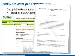 GRÜNER WEG (REPOSITORIEN)
•       Disziplinäre Repositorien
        •  Beispiel SSOAR (seit 2007)




SEITE 115
 