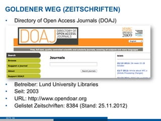 GOLDENER WEG (ZEITSCHRIFTEN)
•       Directory of Open Access Journals (DOAJ)




•       Betreiber: Lund University Libra...