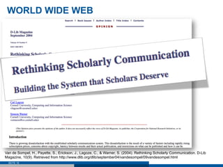 WORLD WIDE WEB




Van de Sompel, H., Payette, S., Erickson, J., Lagoze, C., & Warner, S. (2004). Rethinking Scholarly Com...