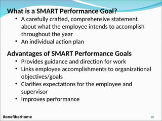 What is a SMART Performance Goal?
• A carefully crafted, comprehensive statement
about what the employee intends to accomplish
throughout the year
• An individual action plan
Advantages of SMART Performance Goals
• Provides guidance and direction for work
• Links employee accomplishments to organizational
objectives/goals
• Clarifies expectations for the employee and
supervisor
• Improves performance
#onefiberhome 20
 