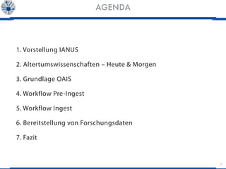 2
AGENDA
1. Vorstellung IANUS
2. Altertumswissenschaften – Heute & Morgen
3. Grundlage OAIS
4. Workflow Pre-Ingest
5. Work...