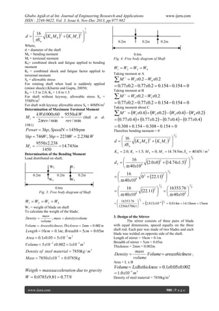 Gbabo Agidi et al Int. Journal of Engineering Research and Applications
ISSN : 2248-9622, Vol. 3, Issue 6, Nov-Dec 2013, pp.977-982

 16
d 
 S
 a

www.ijera.com

1

K b M b 

2

 K t M t 

2

3




Where,
d = diameter of the shaft
Mb = bending moment
Mt = torsional moment
Kb= combined shock and fatigue applied to bending
moment
Kt = combined shock and fatigue factor applied to
torsional moment
Sa = allowable stress
For rotating shaft when load is suddenly applied
(minor shock) (Khurmi and Gupta, 20050;
Kb = 1.5 to 2.0; Kt = 1.0 to 1.5
For shaft without keyway, allowable stress Sa =
55MN/m2
For shaft with keyway allowable stress Sa = 40MN/m2
Determination of Maximum Torsional Moment

kWx1000x60 9550xkW
Mt 

(Hall et al.
2rev / min
rev / min
1981)

0.2m

0.2m

0.2m

0.6m
Fig. 4: Free body diagram of Shaft

W1  W2  W3  W4
Taking moment at A

M



 W2 x0.2  W4 x0.2

 0.77x0.2  0.77x0.2  0.154  0.154  0

Taking moment at B

M



 W3 x0.2  W1 x0.2

 0.77x0.2  0.77x0.2  0.154  0.154  0

Taking moment about C

M



 W1 x0.4  W2 x0.2  W3 x0.4  W4 x0.2

 0.77 x0.4  0.77 x0.2  0.7 x0.4  0.77 x0.4
 0.308  0.154  0.308  0.154  0

Power  3hp; SpeedN  1450rpm

Therefore bending moment = 0

1hp  746W ; 3hp  2238W  2.238kW
9550x2.238
Mt 
 14.74 Nm
1450

 16
d 
 S
 a

Determination of the Bending Moment
Load distributed on shaft;
W2
0.2m

W1
0.2m

W4

0.2m
W3

0.6m
Fig. 3: Free body diagram of Shaft

W1  W2  W3  W4
W1 = weight of blade on shaft
To calculate the weight of the blade;
mass
Density 
; mass  densityxvolume
volume
Volume  Areaxthickness; Thickness  2mm  0.002 m

Length  10cm  0.1m; Breadth  5cm  0.05m
Area  0.1x0.05  5 x10 3 m 2
Volume  5 x10 3 x0.002  1x10 5 m 3
Density of steel material  7850kg / m 3
Mass  7850x1x10

5

 0.0785kg

K b M b 

2

 K t M t 

2






1

3

K b  2.0; K t  1.5; M b  0; M t  14 .74 Nm; S a  40 MN / m 2

16

d3  
6
 x40 x10

2.0 x0  14.74x1.5 


2

16

2 

0 2  22.11 
6
 x40 x10

16


6
 x40 x10
 16353.76 


 125663706.1 

22.11 


2

1

3



1

1



1

3

www.ijera.com

1

3

 0.014m  14.18mm  15mm

3. Design of the Stirrer
The stirrer consists of three pairs of blade
with equal dimensions, spaced equally on the three
shaft rod. Each pair was made of two blades and each
blade was welded on opposite side of the shaft.
Length of stirrer = 10cm = 0.1m
Breadth of stirrer = 5cm = 0.05m
Thickness = 2mm = 0.002m

Density 

mass
Volume areaxthickness ;
volume

Area = L x B

Weigth  massxacceleration due to gravity
W  0.0785x9.81  0.77 N

3

3

 16353.76 

6 
 x 40 x10 

3

 2.815x10 6

1

2

Volume  LxBxthickn  0.1x0.05x0.002
ess
 1.0 x10 5 m 3

Density of steel material = 7850kg/m3

980 | P a g e

 