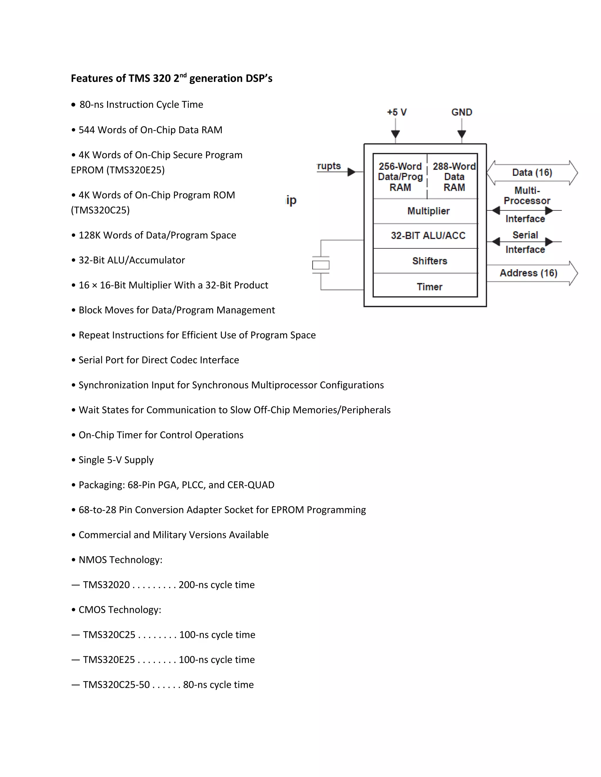 Features of TMS 320 2nd
generation DSP’s
• 80-ns Instruction Cycle Time
• 544 Words of On-Chip Data RAM
• 4K Words of On-Chip Secure Program
EPROM (TMS320E25)
• 4K Words of On-Chip Program ROM
(TMS320C25)
• 128K Words of Data/Program Space
• 32-Bit ALU/Accumulator
• 16 × 16-Bit Multiplier With a 32-Bit Product
• Block Moves for Data/Program Management
• Repeat Instructions for Efficient Use of Program Space
• Serial Port for Direct Codec Interface
• Synchronization Input for Synchronous Multiprocessor Configurations
• Wait States for Communication to Slow Off-Chip Memories/Peripherals
• On-Chip Timer for Control Operations
• Single 5-V Supply
• Packaging: 68-Pin PGA, PLCC, and CER-QUAD
• 68-to-28 Pin Conversion Adapter Socket for EPROM Programming
• Commercial and Military Versions Available
• NMOS Technology:
— TMS32020 . . . . . . . . . 200-ns cycle time
• CMOS Technology:
— TMS320C25 . . . . . . . . 100-ns cycle time
— TMS320E25 . . . . . . . . 100-ns cycle time
— TMS320C25-50 . . . . . . 80-ns cycle time
 