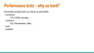 Performance tests - why so hard?
Simulate production as close as possible:
hardware
CPU, RAM, storage, ...
software
OS, Virtualization, DBs, …
load
isolation
 