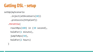Gatling DSL - setup
setUp(myScenario
.inject(atOnceUsers(10))
.protocols(httpConf))
.throttle(
reachRps(100) in (30 second),
holdFor(1 minute),
jumpToRps(50),
holdFor(2 hours)
)
 