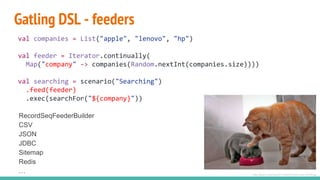 Gatling DSL - feeders
val companies = List("apple", "lenovo", "hp")
val feeder = Iterator.continually(
Map("company" -> companies(Random.nextInt(companies.size))))
val searching = scenario("Searching")
.feed(feeder)
.exec(searchFor("${company}"))
RecordSeqFeederBuilder
CSV
JSON
JDBC
Sitemap
Redis
… http://favim.com/orig/201104/23/Favim.com-22725.jpg
 