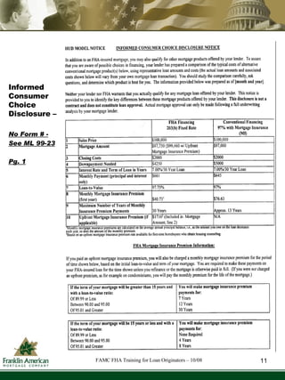 Informed Consumer Choice Disclosure – No Form # - See ML 99-23 Pg. 1 11 FAMC FHA Training for Loan Originators – 10/08 