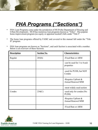 FHA Programs (“Sections”) FHA Loan Programs come under the jurisdiction of HUD (the Department of Housing and Urban Development).  HUD has numerous loan programs known as "Titles".  One popular home improvement program (no equity or appraisal needed!) falls under "Title I".  The home loan programs offered by FAMC and covered in this manual fall under the "Title II" program. FHA loan programs are known as "Sections", and each Section is associated with a number.  Below is an overview of these Sections. 16 FAMC FHA Training for Loan Originators – 10/08 Description Section No. Characteristics: Regular 203(b) -Fixed Rate or ARM -can be used for 1 to 4-unit properties -used for PUDS, but NOT Condos -Requires Upfront & Annual Renewal MMI -most widely used section Condos 234(C) -used only for condos (No PUDS) -Requires Upfront & Annual Renewal MMI -Fixed Rate or ARM 