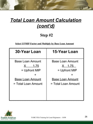 Step #2 Select UFMIP Factor and Multiply by Base Loan Amount Total Loan Amount Calculation (cont’d) 26 FAMC FHA Training for Loan Originators – 10/08 30-Year Loan 15-Year Loan Base Loan Amount X  1.75 = Upfront MIP + Base Loan Amount = Total Loan Amount Base Loan Amount X  1.75  = Upfront MIP + Base Loan Amount = Total Loan Amount 
