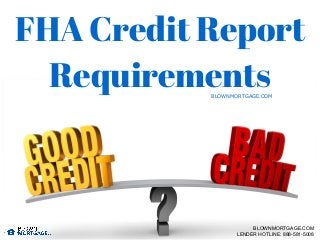 FHA Credit Report
Requirements
BLOWNMORTGAGE.COM
LENDER HOTLINE: 888-581-5008
BLOWNMORTGAGE.COM
 