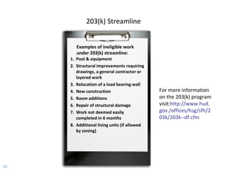 203(k) Streamline Pool & equipment Structural improvements requiring drawings, a general contractor or layered work Relocation of a load bearing wall New construction Room additions Repair of structural damage Work not deemed easily completed in 6 months Additional living units (if allowed by zoning) Examples of ineligible work  under 203(k) streamline: For more information on the 203(k) program visit: http://www.hud.gov./offices/hsg/sfh/203k/203k--df.cfm 