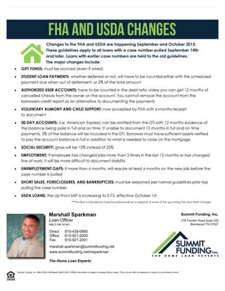 The Home Loan Experts
Loan Officer
Marshall Sparkman
marshall.sparkman@summitfunding.net
www.summitfunding.net/msparkman
Brentwood TN 37027
278 Franklin Road Suite 245
Summit Funding, Inc.
615-921-2001
615-921-2000
615-439-0885
Fax
Office
Direct
NMLS ID# 167461
Summit Funding, Inc. NMLS ID# 3199 Branch NMLS ID# 1016562 Information is subject to change without notice. This is not an offer for extension of credit or a commitment to lend.
 