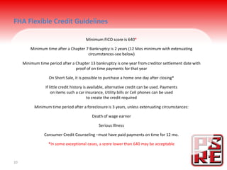 FHA Flexible Credit Guidelines

                                         Minimum FICO score is 640*

         Minimum time after a Chapter 7 Bankruptcy is 2 years (12 Mos minimum with extenuating
                                       circumstances-see below)

     Minimum time period after a Chapter 13 bankruptcy is one year from creditor settlement date with
                                 proof of on time payments for that year

                   On Short Sale, it is possible to purchase a home one day after closing*

                 If little credit history is available, alternative credit can be used. Payments
                     on items such a car insurance, Utility bills or Cell phones can be used
                                            to create the credit required

           Minimum time period after a foreclosure is 3 years, unless extenuating circumstances:

                                            Death of wage earner

                                                Serious Illness

                Consumer Credit Counseling –must have paid payments on time for 12 mo.

                   *In some exceptional cases, a score lower than 640 may be acceptable



10
 