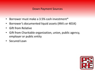 Down Payment Sources


• Borrower must make a 3.5% cash investment*
• Borrower’s documented liquid assets (IRA’s or 401K)
• Gift from Relative
• Gift from Charitable organization, union, public agency,
  employer or public entity
• Secured Loan
 