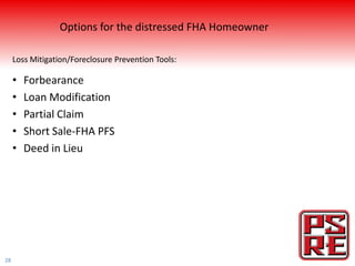 Options for the distressed FHA Homeowner

     Loss Mitigation/Foreclosure Prevention Tools:

     •   Forbearance
     •   Loan Modification
     •   Partial Claim
     •   Short Sale-FHA PFS
     •   Deed in Lieu




28
 