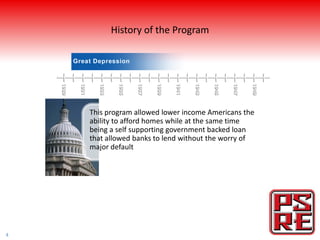 History of the Program




    This program allowed lower income Americans the
    ability to afford homes while at the same time
    being a self supporting government backed loan
    that allowed banks to lend without the worry of
    major default




4
 