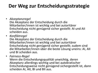Der Weg zur Entscheidungsstrategie
• Akzeptanzregel
Die Akzeptanz der Entscheidung durch die
Mitarbeiter/innen ist wichtig und bei autoritärer
Entscheidung nicht genügend sicher gestellt: AI und AII
scheiden aus.
• Konfliktregel
Die Akzeptanz der Entscheidung durch die
Mitarbeiter/innen ist wichtig und bei autoritärer
Entscheidung nicht genügend sicher gestellt; zudem sind
die Mitarbeiter/innen über die beste Lösung uneins: AI, AII
und BI scheiden aus.
• Fairness-Regel
Wenn die Entscheidungsqualität unwichtig, deren
Akzeptanz allerdings wichtig und bei autokratischer
Entscheidungsweise nicht genügend sichergestellt ist, dann
scheiden AI, AII, BI und BII aus.

 