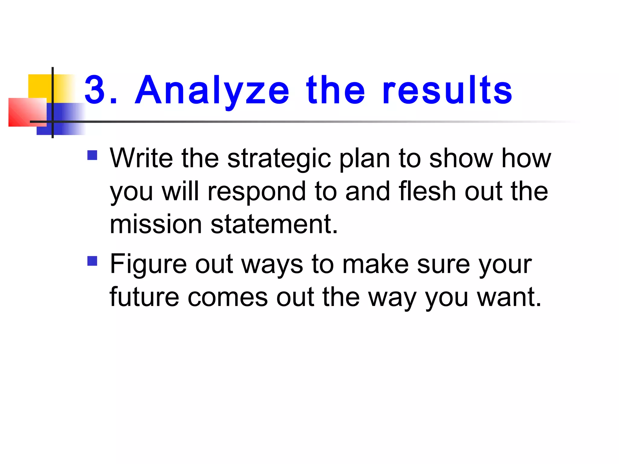 3. Analyze the results
 Write the strategic plan to show how
you will respond to and flesh out the
mission statement.
 Figure out ways to make sure your
future comes out the way you want.
 