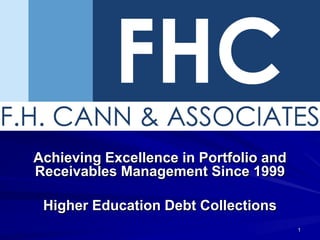 Achieving Excellence in Portfolio and
Receivables Management Since 1999

 Higher Education Debt Collections
                                        1
 