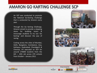 An SCP was conducted to promote
the National Go-Karting Challenge
that is conducted by Amaron every
year.

Through the Go Karting Challenge,
Amaron aimed to provide a stepping
stone for budding racers &
encourage students to try out ‘Go
Karting’ and discover the joys of
racing.

Cutting across the cities of Mumbai,
Delhi, Bangalore, Coimbatore, Goa,
Kolhapur, Hyderabad, Chandigarh &
Chennai, FH executed an SCP for
around 270000 students from the
6th – 10th std across 270 schools
from October – January 2011




                                       Group Companies   Associations
 