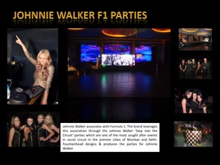 Johnnie Walker associates with Formula 1. The brand leverages
this association through the Johnnie Walker ‘Step into the
Circuit’ parties which are one of the most sought after events
in social circuit in the premier cities of Mumbai and Delhi.
                                                                 28
Fountainhead designs & produces the parties for Johnnie
Walker.
 
