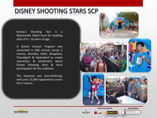Disney’s Shooting Star is a
Nationwide Talent Hunt for budding
stars of 6 – 16 years of age.

A School Contact Program was
conducted in 600 schools across 5
metros; Mumbai, Delhi, Bangalore,
Chandigarh & Hyderabad to create
awareness & excitement about
Disney Shooting Stars & drive
participation for the auditions.

The response was overwhelming,
with over 15,000 registrations across
the 5 metros.




                                        Group Companies   Associations
 