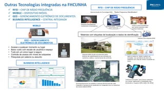 Outras Tecnologias integradas na FHCUNHA
Materiais com etiquetas de localização e dados de identificação
RFID – CHIP DE RÁDIO FREQUÊNCIA
MOBILE
 RFID – CHIP DE RÁDIO FREQUÊNCIA
 MOBILE – DISPOSITIVO MÓVEL
 GED – GERENCIAMENTO ELETRÔNICO DE DOCUMENTOS
 BUSINESS INTELLIGENCE – CENTRAL INTEGRADA
• Acesse a qualquer momento ou lugar
• Baixo custo com escala de usuários e espaço
• Tudo em um único lugar e seguro
• Controle de acesso em níveis de subpastas
• Pesquisas por palavra ou assunto
BUSINESS INTELLIGENCE
GED – GERENCIAMENTO
ELETRÔNICO DE DOCUMENTOS
 
