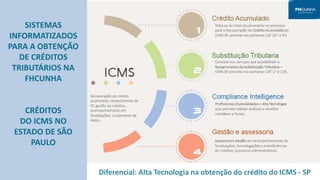 SISTEMAS
INFORMATIZADOS
PARA A OBTENÇÃO
DE CRÉDITOS
TRIBUTÁRIOS NA
FHCUNHA
CRÉDITOS
DO ICMS NO
ESTADO DE SÃO
PAULO
Diferencial: Alta Tecnologia na obtenção do crédito do ICMS - SP
 
