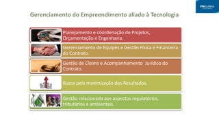 Planejamento e coordenação de Projetos,
Orçamentação e Engenharia.
Gestão de Claims e Acompanhamento Jurídico do
Contrato.
Gerenciamento de Equipes e Gestão Física e Financeira
do Contrato.
Busca pela maximização dos Resultados.
Gestão relacionada aos aspectos regulatórios,
tributários e ambientais.
Gerenciamento do Empreendimento aliado à Tecnologia
 
