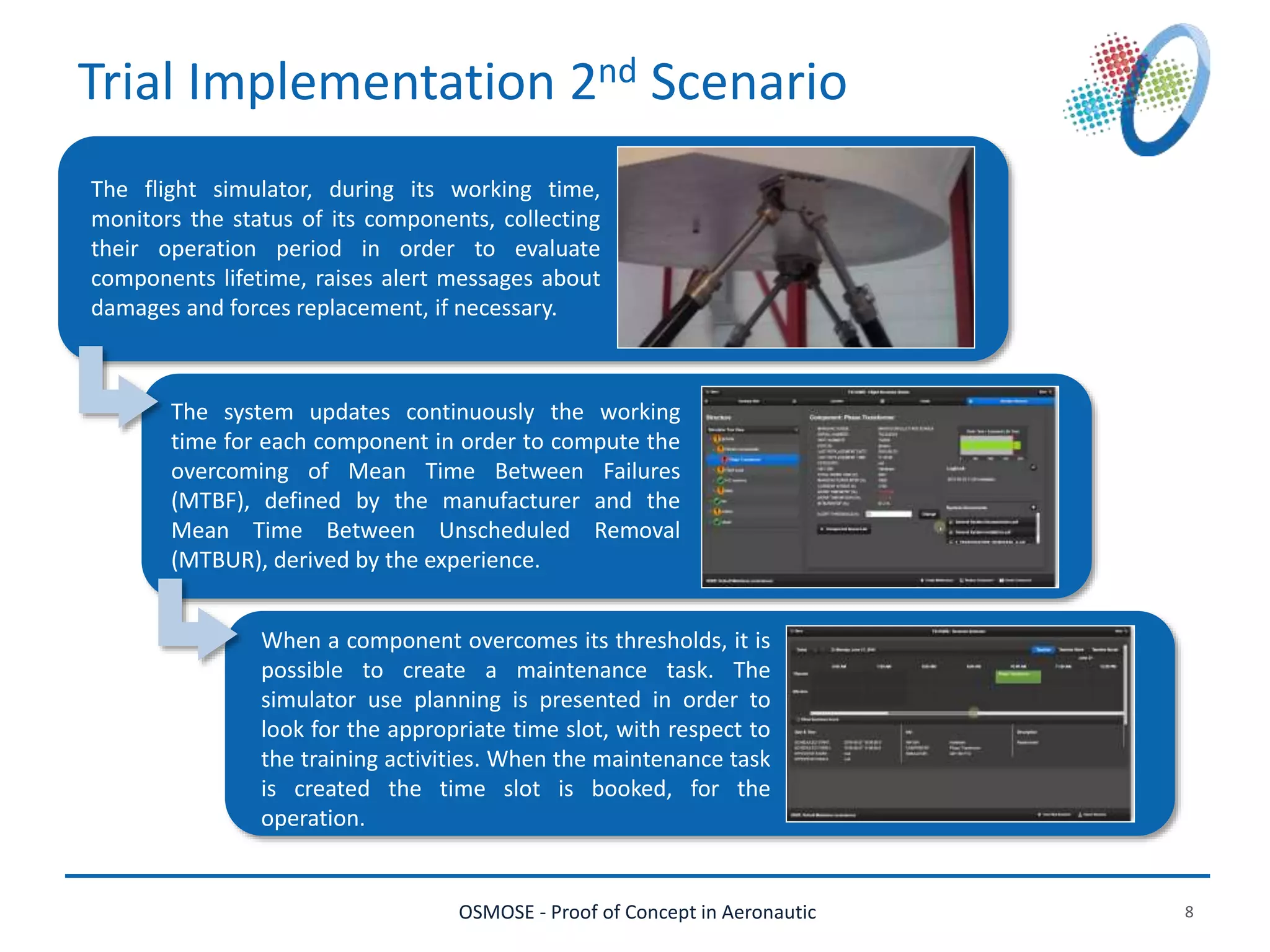 OSMOSE - Proof of Concept in Aeronautic 8
Trial Implementation 2nd Scenario
The flight simulator, during its working time,
monitors the status of its components, collecting
their operation period in order to evaluate
components lifetime, raises alert messages about
damages and forces replacement, if necessary.
The system updates continuously the working
time for each component in order to compute the
overcoming of Mean Time Between Failures
(MTBF), defined by the manufacturer and the
Mean Time Between Unscheduled Removal
(MTBUR), derived by the experience.
When a component overcomes its thresholds, it is
possible to create a maintenance task. The
simulator use planning is presented in order to
look for the appropriate time slot, with respect to
the training activities. When the maintenance task
is created the time slot is booked, for the
operation.
 