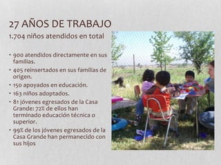 27 AÑOS DE TRABAJO1.704 niños atendidos en total900 atendidos directamente en sus familias.405 reinsertados en sus familias de origen.150 apoyados en educación.163 niños adoptados.81 jóvenes egresados de la Casa Grande: 72% de ellos han terminado educación técnica o superior.99% de los jóvenes egresados de la Casa Grande han permanecido con sus hijos
