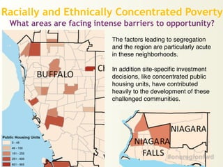 Racially and Ethnically Concentrated Poverty
What areas are facing intense barriers to opportunity?
The factors leading to segregation
and the region are particularly acute
in these neighborhoods.!
!
In addition site-specific investment
decisions, like concentrated public
housing units, have contributed
heavily to the development of these
challenged communities.
 