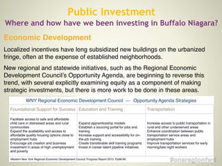 WNY Regional Economic Development Council — Opportunity Agenda Strategies
Foundational Support for Success Education and Training Transportation
Facilitate access to safe and affordable
child care in distressed areas and rural
communities
Expand the availability and access to
affordable quality housing options close to
employment hubs
Encourage job creation and business
investment in areas of high unemployment
and poverty
Expand apprenticeship models
Establish a sourcing portal for jobs and
training
Increase support and accessibility for on-
the-job training
Create transferable skill training programs
Invest in career talent pipeline initiatives
Increase access to public transportation in
rural and other underserved areas
Enhance coordination between public
transportation service areas and
employment hubs
Improve transportation services for early
morning/late night workers
Western New York Regional Economic Development Council, Progress Report 2013. Pp98-99.
Economic Development!
Localized incentives have long subsidized new buildings on the urbanized
fringe, often at the expense of established neighborhoods.!
New regional and statewide initiatives, such as the Regional Economic
Development Council’s Opportunity Agenda, are beginning to reverse this
trend, with several explicitly examining equity as a component of making
strategic investments, but there is more work to be done in these areas.!
Public Investment
Where and how have we been investing in Buffalo Niagara?
 