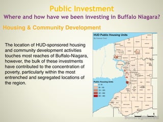 Housing & Community Development
Public Investment
Where and how have we been investing in Buffalo Niagara?
!
The location of HUD-sponsored housing
and community development activities
touches most reaches of Buffalo-Niagara,
however, the bulk of these investments
have contributed to the concentration of
poverty, particularly within the most
entrenched and segregated locations of
the region.
 