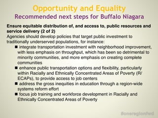 Opportunity and Equality
Recommended next steps for Buffalo Niagara
Ensure equitable distribution of, and access to, public resources and
service delivery (2 of 2)
Agencies should develop policies that target public investment to
traditionally underserved populations, for instance:
!
integrate transportation investment with neighborhood improvement,
with less emphasis on throughput, which has been so detrimental to
minority communities, and more emphasis on creating complete
communities
!
enhance public transportation options and ﬂexibility, particularly
within Racially and Ethnically Concentrated Areas of Poverty (R/
ECAPs), to provide access to job centers
!
address the gross inequities in education through a region-wide
systems reform effort
!
focus job training and workforce development in Racially and
Ethnically Concentrated Areas of Poverty
 