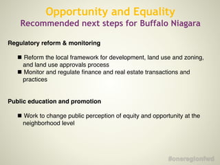 Opportunity and Equality
Recommended next steps for Buffalo Niagara
Regulatory reform & monitoring!
!
!
Reform the local framework for development, land use and zoning,
and land use approvals process
!
Monitor and regulate ﬁnance and real estate transactions and
practices
!
!
Public education and promotion!
!
!
Work to change public perception of equity and opportunity at the
neighborhood level
!
!
 