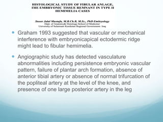 Graham 1993 suggested that vascular or mechanical
interference with embryonicapical ectodermic ridge
might lead to fibular hemimelia.
 Angiographic study has detected vasculature
abnormalities including persistence embryonic vascular
pattern, failure of plantar arch formation, absence of
anterior tibial artery or absence of normal trifurcation of
the popliteal artery at the level of the knee, and
presence of one large posterior artery in the leg
 