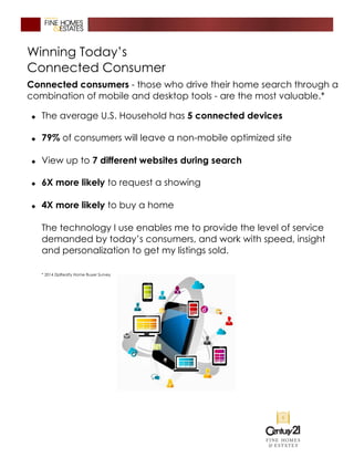 Winning Today’s
Connected Consumer
Connected consumers - those who drive their home search through a
combination of mobile and desktop tools - are the most valuable.*
� The average U.S. Household has 5 connected devices
� 79% of consumers will leave a non-mobile optimized site
� View up to 7 different websites during search
� 6X more likely to request a showing
� 4X more likely to buy a home
The technology I use enables me to provide the level of service
demanded by today’s consumers, and work with speed, insight
and personalization to get my listings sold.
* 2014 ZipRealty Home Buyer Survey
 