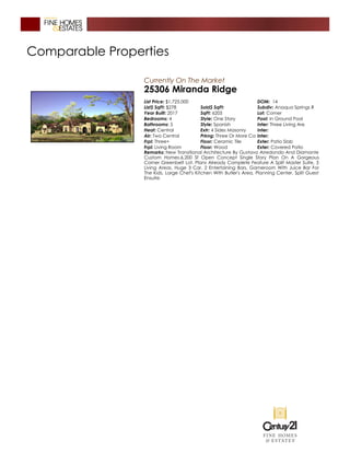 Comparable Properties
Currently On The Market
25306 Miranda Ridge
List Price: $1,725,000 DOM: 14
List$ SqFt: $278 Sold$ SqFt: Subdiv: Anaqua Springs R
Year Built: 2017 SqFt: 6205 Lot: Corner
Bedrooms: 4 Style: One Story Pool: In Ground Pool
Bathrooms: 5 Style: Spanish Inter: Three Living Are
Heat: Central Extr: 4 Sides Masonry Inter:
Air: Two Central Prkng: Three Or More Ca Inter:
Frpl: Three+ Floor: Ceramic Tile Exter: Patio Slab
Frpl: Living Room Floor: Wood Exter: Covered Patio
Remarks: New Transitional Architecture By Gustavo Arredondo And Diamante
Custom Homes.6,200 Sf Open Concept Single Story Plan On A Gorgeous
Corner Greenbelt Lot. Plans Already Complete Feature A Split Master Suite, 3
Living Areas, Huge 3 Car, 2 Entertaining Bars, Gameroom With Juice Bar For
The Kids, Large Chef's Kitchen With Butler's Area, Planning Center, Split Guest
Ensuite.
 