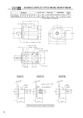 34
BOMBAS SIMPLES TIPOS VK-45, VS-45 Y VQ-45
EJE Nº 1 EJE Nº 86EJE Nº 11
VELOC. (rpm) PRES. (Bar)
Máx.Mín.
CONEXIONES PESO
(Kgs.)
Lts.a 1000 rpm
Gal.a1200rpm
PresiónAspiraciónIntermit.Contin.
35,5Ø1"1/2Ø3"1751552200*600
CAUDALES
* Para más detalle ver tabla general
Para otros tipos de ejes, rogamos consulten
138 148 162 180 193 214 240
42 47 50 57 60 67 75
 
