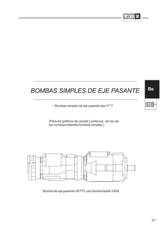 37
- Bombas simples de eje pasante tipo V**T
BOMBAS SIMPLES DE EJE PASANTE
(Para los gráficos de caudal y potencia, ver los de
las correspondientes bombas simples.)
Be
Bomba de eje pasante VK7TC con bomba doble VK64
 