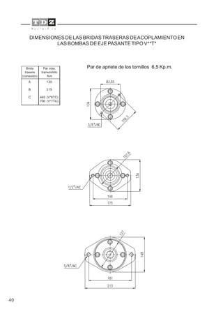 40
DIMENSIONESDELASBRIDASTRASERASDEACOPLAMIENTOEN
LAS BOMBAS DE EJE PASANTE TIPO V**T*
Brida
trasera
(conexión)
Par max.
transmitido
Nm
130
315
440 (V*6TC)
700 (V*7TC)
A
B
C
Par de apriete de los tornillos 6,5 Kp.m.
 