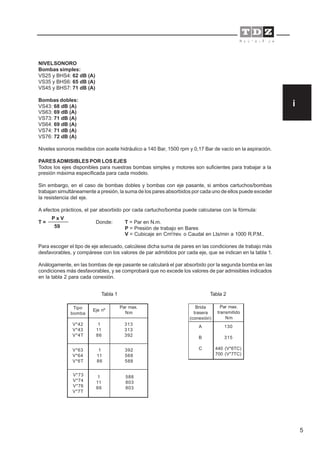 5
NIVELSONORO
Bombas simples:
VS25 y BHS4: 62 dB (A)
VS35 y BHS6: 65 dB (A)
VS45 y BHS7: 71 dB (A)
Bombas dobles:
VS43: 68 dB (A)
VS63: 69 dB (A)
VS73: 71 dB (A)
VS64: 69 dB (A)
VS74: 71 dB (A)
VS76: 72 dB (A)
Niveles sonoros medidos con aceite hidráulico a 140 Bar, 1500 rpm y 0,17 Bar de vacío en la aspiración.
PARESADMISIBLES POR LOS EJES
Todos los ejes disponibles para nuestras bombas simples y motores son suficientes para trabajar a la
presión máxima especificada para cada modelo.
Sin embargo, en el caso de bombas dobles y bombas con eje pasante, si ambos cartuchos/bombas
trabajan simultáneamente a presión, la suma de los pares absorbidos por cada uno de ellos puede exceder
la resistencia del eje.
A efectos prácticos, el par absorbido por cada cartucho/bomba puede calcularse con la fórmula:
T = Donde: T = Par en N.m.
P = Presión de trabajo en Bares
V = Cubicaje en Cm3
/rev. o Caudal en Lts/min a 1000 R.P.M..
Para escoger el tipo de eje adecuado, calcúlese dicha suma de pares en las condiciones de trabajo más
desfavorables, y compárese con los valores de par admitidos por cada eje, que se indican en la tabla 1.
Análogamente, en las bombas de eje pasante se calculará el par absorbido por la segunda bomba en las
condiciones más desfavorables, y se comprobará que no excede los valores de par admisibles indicados
en la tabla 2 para cada conexión.
i
59
P x V
Tabla 1
Tipo
bomba
Eje nº
Par max.
Nm
1
11
86
1
11
86
1
11
86
313
313
392
V*42
V*43
V*4T
V*63
V*64
V*6T
V*73
V*74
V*76
V*7T
392
568
588
588
803
803
Brida
trasera
(conexión)
Par max.
transmitido
Nm
130
315
440 (V*6TC)
700 (V*7TC)
A
B
C
Tabla 2
 