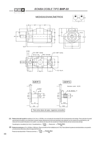 48
Reducción del caudal de salida en Ltrs./min. a 100 Bar. con un aceite de viscosidad 22 cSt a la temperatura de trabajo. Para calcular el caudal
aproximado de salida a una velocidad y presión dadas utilizaremos la fórmula reseñada más adelante con los valores de caudal teórico y de
reducción de caudal indicados en el cuadro. Los valores de reducción de caudal son independientes de las revoluciones del eje.
Caudal aprox. de salida (Ltrs./min) = Caudal teórico x Reducción x
BOMBA DOBLE TIPO BHP-33
EJE Nº 1
Potencia nominal enCVa100Bary1000rpm.(ParaconvertirenKwmultiplicarpor0,735).Paraobtenerlapotenciarealabsorbidaaunapresión
y revoluciones diferentes utilizar la siguiente fórmula:
Potencia real absorbida = Potencia nominal x x
(2)
R.P.M.
1000
Presión (Bar)
100
R.P.M.
1000
Presión (Bar)
100
(1)
EJE Nº 2
Para otros tipos de ejes, rogamos consulten
MEDIDASENMILÍMETROS
 