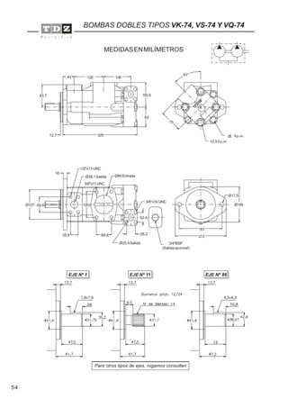 54
BOMBAS DOBLES TIPOS VK-74, VS-74 Y VQ-74
43 120 136
102,5
83
32512,7
93,7
75
Ø148Ø127
Ø17,5
181
213
69,8
35,8 69,8
1/2"x13 UNC
5/8"x11 UNC
Ø38,1Salida Ø89 Entrada
Ø25,4Salida
3/8"x16 UNC
52,4
26,2
16
120,6
3/4"BSP
(Salidaopcional)
Para otros tipos de ejes, rogamos consulten
EJE Nº 1 EJE Nº 11 EJE Nº 86
MEDIDASENMILÍMETROS
10,5
35
 