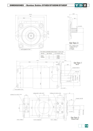 DIMENSIONES - Bombas Dobles DT6ED/DT6EDM/DT6EDP
212,5
181
90,5
1,5Ø7
Par de apriete 187 Nm
55,9
7,9
38,1
2,3 x 45º
Eje Tipo 3
SAE C Estriado Clase
1-J498b 12/24 d.p. -
14 Dientes
30º ángulo
361,2
148,3 133,6
90,9
52,3
7,9
12,7
50,86,35 Max
Chaveta 9,52/9,47
M10 x 20
Ø7012,912,0/65
Ø,762
Ø42,6ax3M
Ø8,0/380531,
2,3 x 45º
1,3 x 45º
Eje Tipo 1
SAE CC
Cilíndrico no SAE
98,4
0412,889,
18101,6
Par de apriete 187 Nm
4 Orificios 1/2-13 UNC x 23.364 Orificios 5/8-11 UNC x 29.97
77,730,2 35,7
17,5
62
38,1
Chaveta 7,94/7,89
Ø35,27Max
Ø1,5/31,7037
2,3 x 45º
Eje Tipo 2
698,
Ø 37,1 - PresiónØ 101,6- AspiraciónØ 29,5 - Presión
13,20
85,7
4 Orificios 7/16-14 UNC x 23.87
Par máximo admisible sobre el eje en cc/rev x bar
Bomba Tipo de Eje V x P max (P1+P2)
1 72306
2 34590
3 61200
DT6ED
DT6EDM
14
 