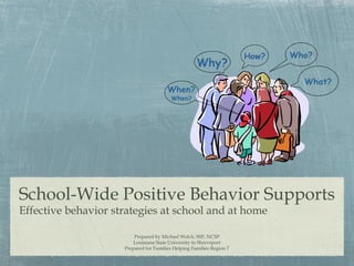 School-Wide Positive Behavior Supports Prepared by Michael Welch, SSP, NCSP Louisiana State University in Shreveport Prepared for Families Helping Families Region 7 Effective behavior strategies at school and at home 