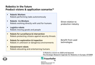 Robotics in the future
Product visions & application scenarios1)
 •   Robotic Workers
     Robots performing tasks autonomously

 •   Robotic Co-Workers                                        Direct relation to
     Robots working directly with and for humans               production industry
 •   Logistics robots
     Robots moving goods and people

 •   Robots for surveillance & intervention
     Robots protecting citizens against security threats

 •   Robots for exploration & inspection                      Benefit from used
     Robots in unknown or dangerous environments              technologies

 •   Edutainment robots
     Robots educating and entertaining humans
                                         1) Robotics visions to 2020 and beyond.
                                         The Strategic Research Agenda for Robotics in Europe, 07/2009
 